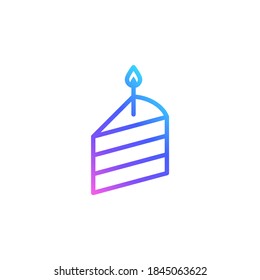Birthday cake slice vector icon in bright color gradient. Outlined slice of a cake with a candle isolated on white background. Minimalist line art in blue, violet and pink.