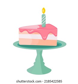 Birthday cake slice vector illustration. А piece of cake with pink glaze cream and with candle.	