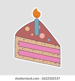 Pegatina de Vector de rebanada de pastel de cumpleaños. Rebanada colorida de pastel con una vela en la parte superior, perfecto para temas de cumpleaños, tarjetas de celebración o diseños festivos