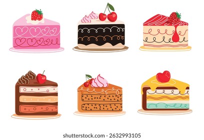 Birthday cake slices clipart set. Cake dessert slice drawing elements clip art in strawberry, chocolate and cherry yummy flavors collection in white background vector illustration. 
