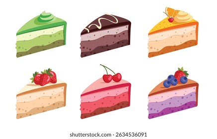 Birthday cake slices clipart set. Cake dessert slice elements clip art in strawberry, chocolate, lemon, cherry and blueberry sweet flavors collection for party celebration vector illustration. 
