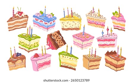 Bolo de aniversário fatias mão desenhado sobremesas doces variedade com velas e decoração