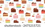 Birthday cake slices seamless pattern. Sweet holiday bakery pieces collection. Pastry chocolate fruit, berry dessert with candles for breakfast. Vector hand drawn flat cartoon illustration