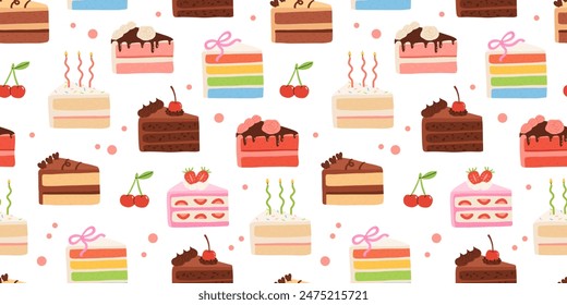 Patrón sin fisuras de rebanadas de pastel de cumpleaños. Dulces piezas de panadería de vacaciones colección. Pastel de chocolate, postre de bayas con velas para el desayuno. Vector dibujado a mano ilustración de dibujos animados plana