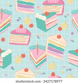 Birthday cake slices seamless vector pattern for background and decorations