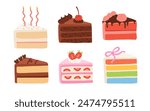 Birthday cake slices set. Sweet holiday bakery pieces collection. Pastry chocolate fruit, berry dessert with candles for breakfast. Vector hand drawn flat cartoon illustration