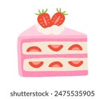 Birthday cake slices set. Sweet holiday bakery pieces collection. Pastry chocolate fruit, berry dessert with candles for breakfast. Vector hand drawn flat cartoon illustration