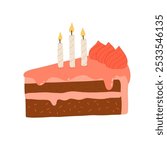 Birthday cake slices set. Sweet holiday bakery pieces collection. Pastry chocolate fruit, berry dessert with candles for breakfast. Vector hand drawn flat cartoon illustration