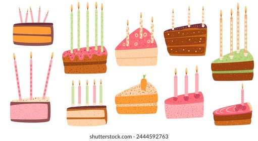 Birthday cake slices set. Sweet holiday bakery pieces collection. Pastry chocolate fruit, berry dessert with candles for breakfast. Vector hand drawn flat illustration isolated on white background.