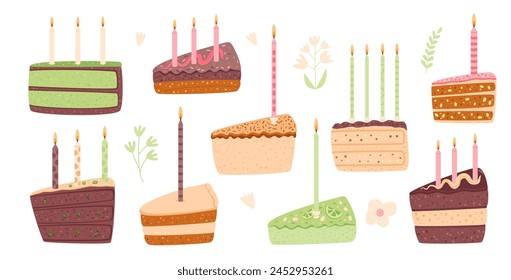 Birthday cake slices set. Sweet holiday bakery pieces collection. Pastry chocolate fruit, berry dessert with candles for breakfast. Vector hand drawn flat illustration