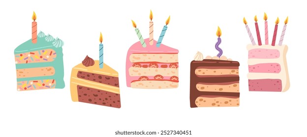 Birthday cake slices set. Sweet holiday bakery pieces collection. Pastry chocolate fruit, berry dessert with candles for breakfast. Vector hand drawn flat cartoon illustration