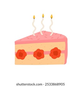 Birthday cake slices set. Sweet holiday bakery pieces collection. Pastry chocolate fruit, berry dessert with candles for breakfast. Vector hand drawn flat cartoon illustration