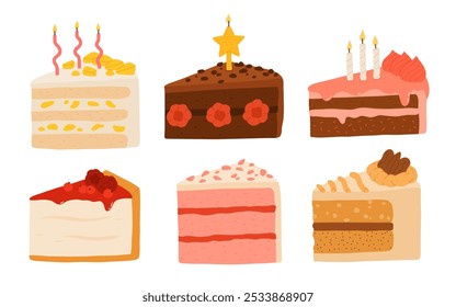 Fatias de bolo de aniversário definidas. Coleção de peças de padaria de feriado doce. Massa de chocolate, sobremesa de frutas com velas para o café da manhã. Ilustração de desenho plano à mão desenhada em vetor