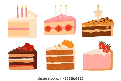 Birthday cake slices set. Sweet holiday bakery pieces collection. Pastry chocolate fruit, berry dessert with candles for breakfast. Vector hand drawn flat cartoon illustration