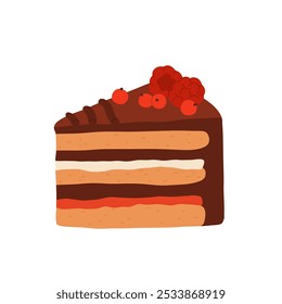 Rebanadas de pastel de cumpleaños. Dulce colección de piezas de panadería navideña. Pastelería de fruta de chocolate, postre de bayas con velas para el desayuno. Vector dibujado a mano ilustración plana de dibujos animados