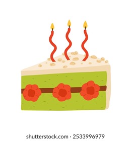 Birthday cake slices set. Sweet holiday bakery pieces collection. Pastry chocolate fruit, green matcha, kiwi, berry dessert with candles for breakfast. Vector hand drawn flat cartoon illustration