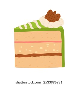 Birthday cake slices set. Sweet holiday bakery pieces collection. Pastry chocolate fruit, green matcha, kiwi, berry dessert with candles for breakfast. Vector hand drawn flat cartoon illustration