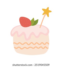 Birthday cake slices. Sweet holiday bakery pieces collection. Pastry chocolate fruit, berry dessert with candles for breakfast. Vector hand drawn flat carton