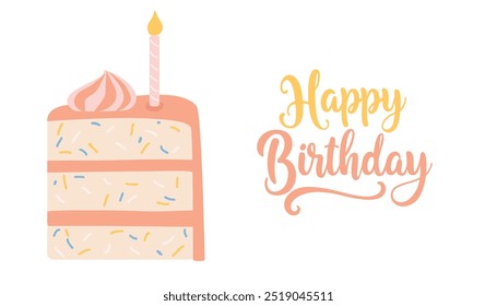 Birthday cake slices. Sweet holiday bakery pieces collection. Pastry chocolate fruit, berry dessert with candles for breakfast. Vector hand drawn flat carton