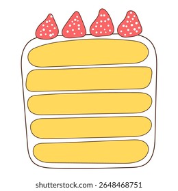Birthday cake, sponge cake with strawberries hand drawn illustration, isolated vector. Line drawing design. Birthday celebration, festival, carnival, party clip art, element