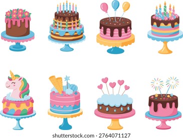 Birthday cake stand vector set, colorful celebration desserts illustration, festive party cakes with decorations, sweet bakery design isolated background