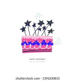 Birthday cake with star candles poster template. Anniversary vector greeting card with text space. B-day girl party celebration invitation card. Pink flat hand drawn pie with festive decorations 