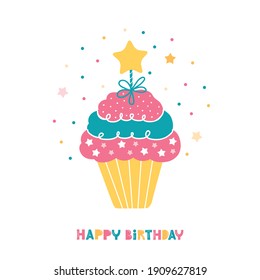 Birthday cake with star for making a wish. Festive greeting card with holiday sweets and text. Cupcake or muffin cream on a white background. Hand drawn vector illustration in the Scandinavian style