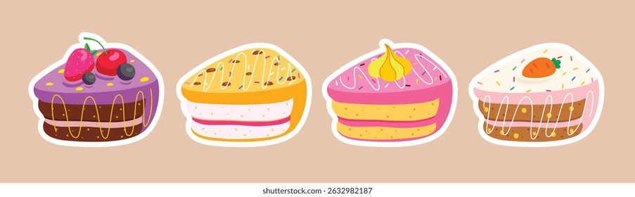 Birthday cake stickers clipart set. Slice cake with assorted flavor for birthday celebration sticker clip art collection delicious dessert doodle style icon vector illustration.
