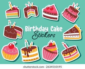 Birthday cake stickers clipart set. Cupcake sticker elements for birthday party decoration clip art collection sweet dessert in green background vector illustration.
