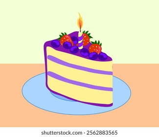 Birthday cake. With strawberries and blueberries. A candle on the cake.