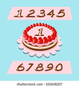 birthday cake with strawberries, numbers can be replaced - vector illustration