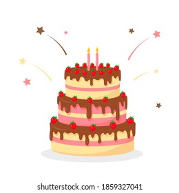 Birthday cake with strawberry and candles isolated on white background. Festive sweet dessert or bakery. Vector illustration.