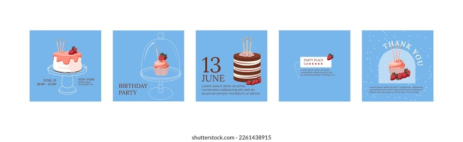 Birthday cake with strawberry and candles on empty white cake stand. Birthday invitation, RCVP, Location icon, party address on blue background. Social media graphic design. 