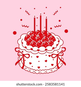 A birthday cake with a strawberry topping, decorated with a ribbon bow. Red outline