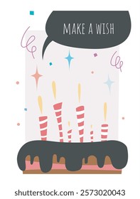 Birthday cake with striped candles, chocolate icing, confetti, and Make a Wish speech bubble on a light background. Celebration concept. Vector illustration