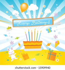 birthday cake , surprise party and a nice  "happy birthday!" banner, vector illustration