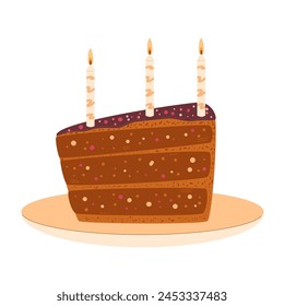 Birthday cake. Sweet holiday bakery piece. Pastry dessert with cream and three candles for breakfast. Vector pie hand drawn flat illustration isolated on white background.