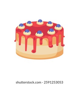 Birthday cake. Sweet holiday bakery. Pastry chocolate with blueberry fruit, Dessert for breakfast. Vector hand drawn flat cartoon illustration