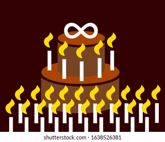Birthday cake with symbol of infinity and eternality. Birthday celebration and party for immortal person. Vector illustration.