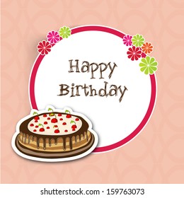 Birthday cake with tag, sticker or label on vintage background. 