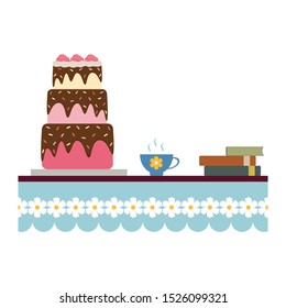 Birthday cake, tea cup and books on white background
