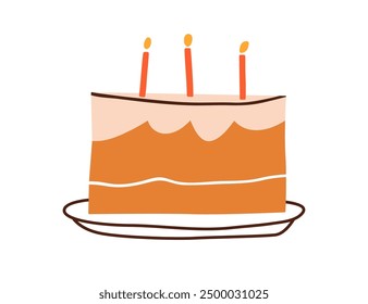 Birthday cake with three candles. B-day party dessert. Sweet festive confectionery on plate, dish. Holiday food in modern doodle style. Flat graphic vector illustration isolated on white background