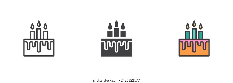 Birthday cake with three candles different style icon set. Line, glyph and filled outline colorful version, outline and filled vector sign. Symbol, logo illustration. Vector graphics