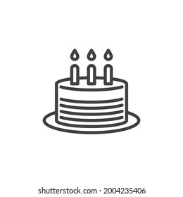Birthday cake with three candles line icon. linear style sign for mobile concept and web design. Cake with candle outline vector icon. Symbol, logo illustration. Vector graphics