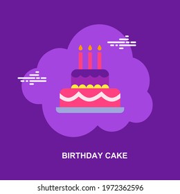 Birthday cake with three candles on purple background flat concept design