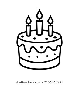 torta de cumpleaños con tres velas. Ilustración vectorial simple en estilo doodle. Aislado en blanco.