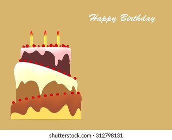 Birthday cake with three candles and topping on gold background