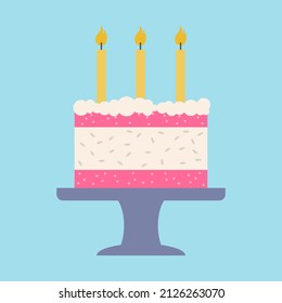 Birthday cake with three candles, white birthday cake. Vector, cartoon illustration.