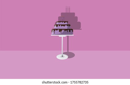 pastel de cumpleaños. son tres capas profundas, violetas y cubiertas de chocolate fundido.