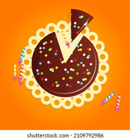 Birthday cake top view. Illustration of a cake decorated with chocolate glaze and birthday candles on a orange background. Vector 10 EPS.